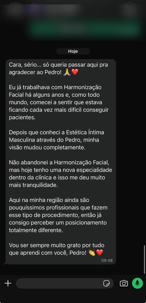 Print de conversa: aluno formado pelo Dr. Pedro relata a nova especialidade na clínica