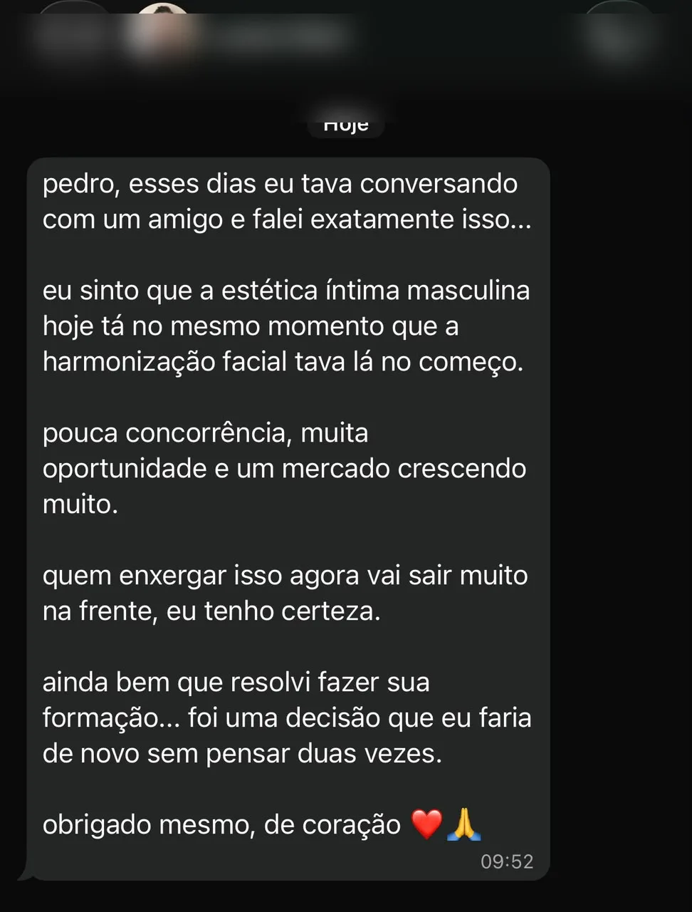 Print de conversa: aluna relata a decisão de fazer a formação com o Dr. Pedro