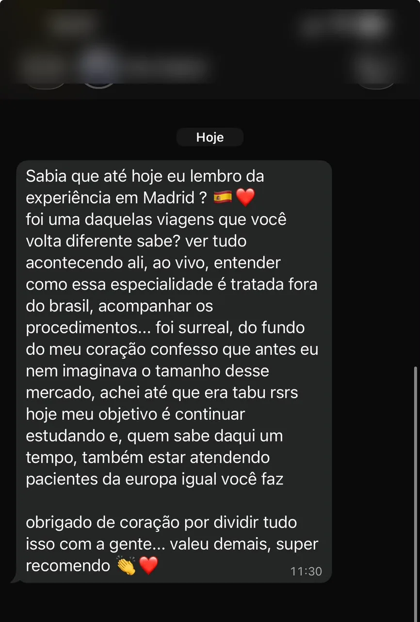 Print de conversa: aluna do curso presencial em Madrid relata a experiência